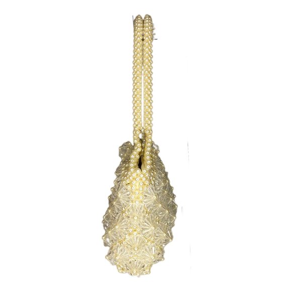 Vintage White Round and Clear Floral Beaded Double Handle Handbag Purse - Picture 4 of 9